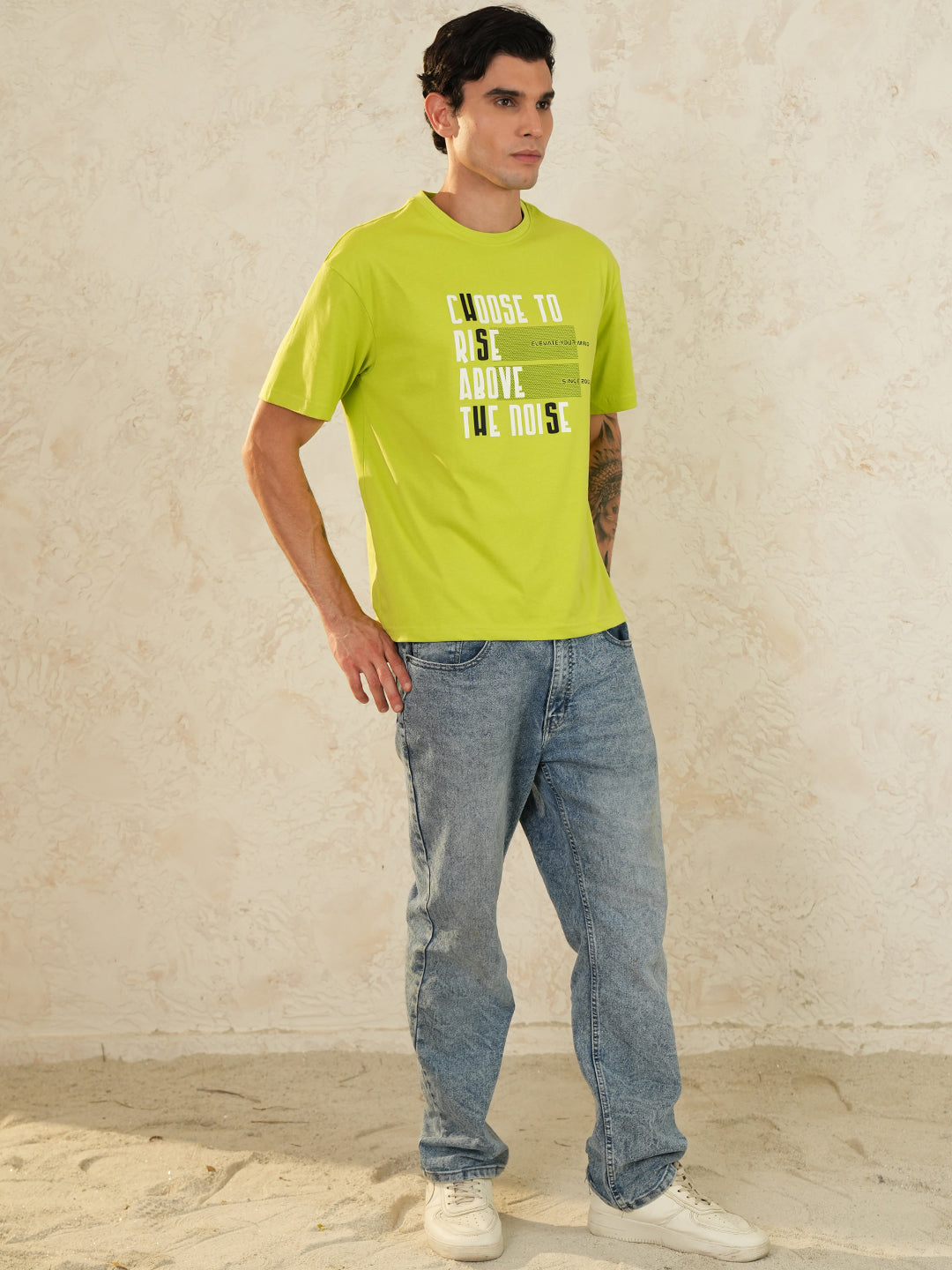 Men Oversized Printed Round Neck Drop Shoulder T-shirt Neon Green - Reprise