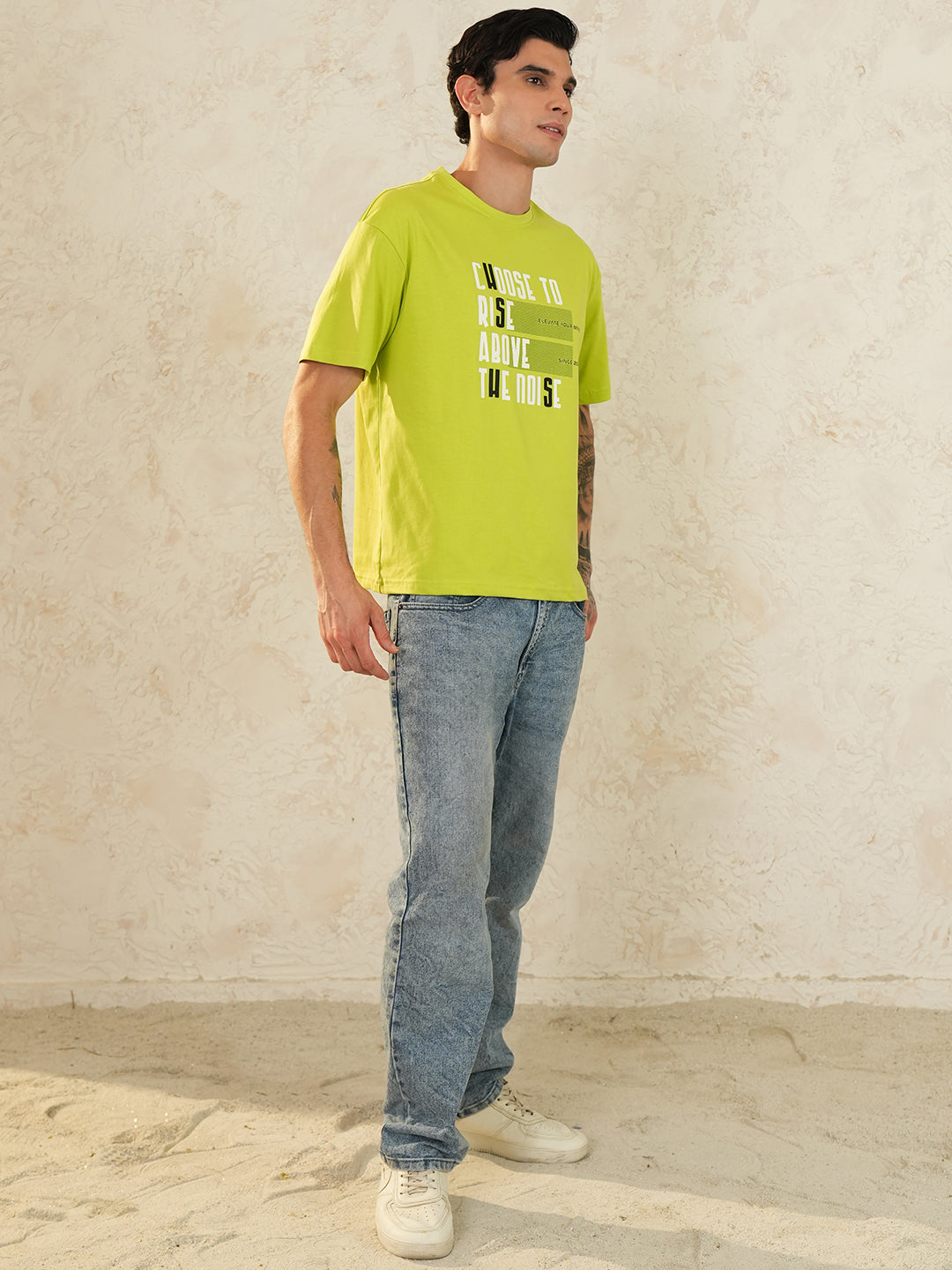 Men Oversized Printed Round Neck Drop Shoulder T-shirt Neon Green - Reprise