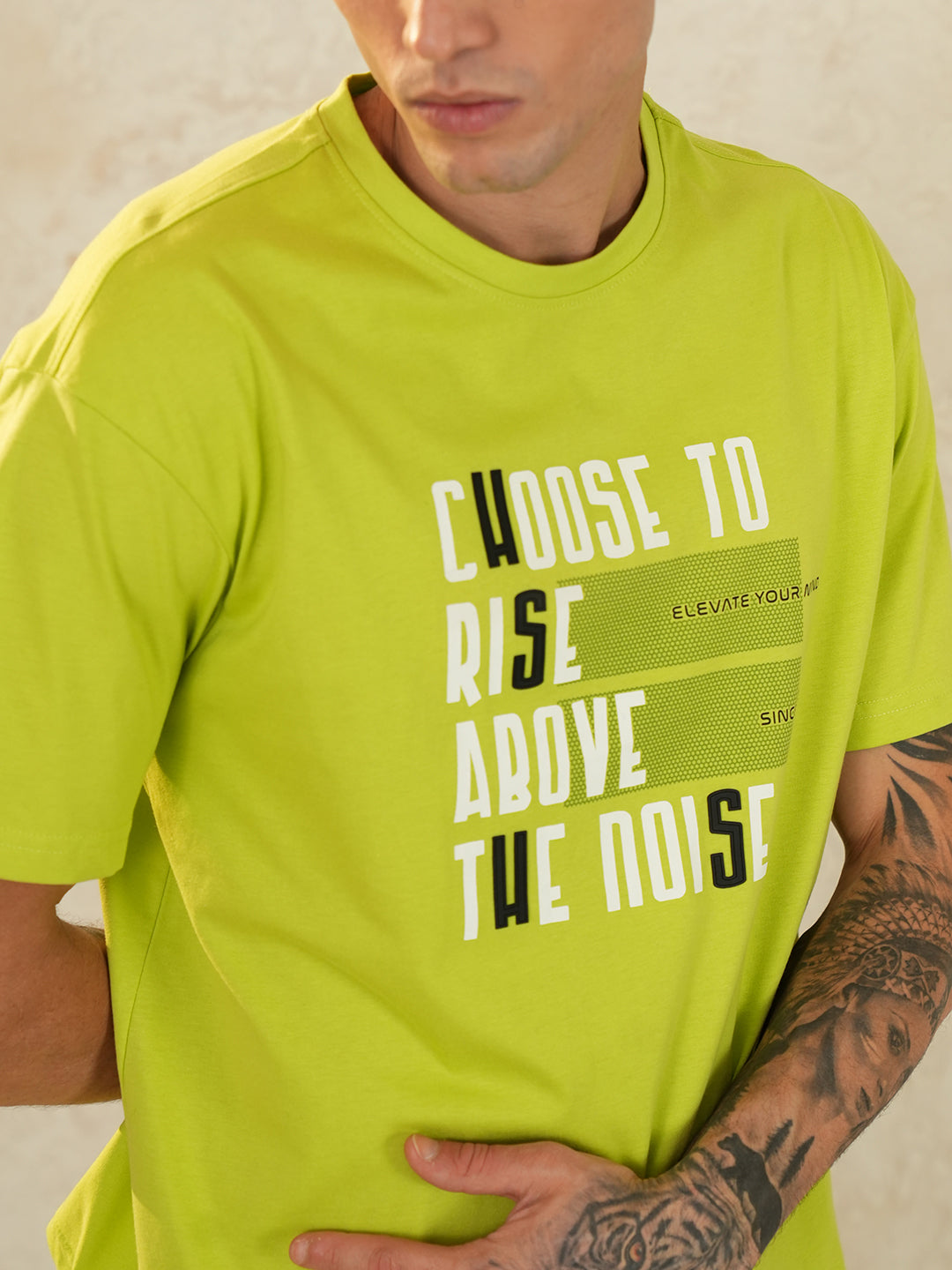 Men Oversized Printed Round Neck Drop Shoulder T-shirt Neon Green - Reprise