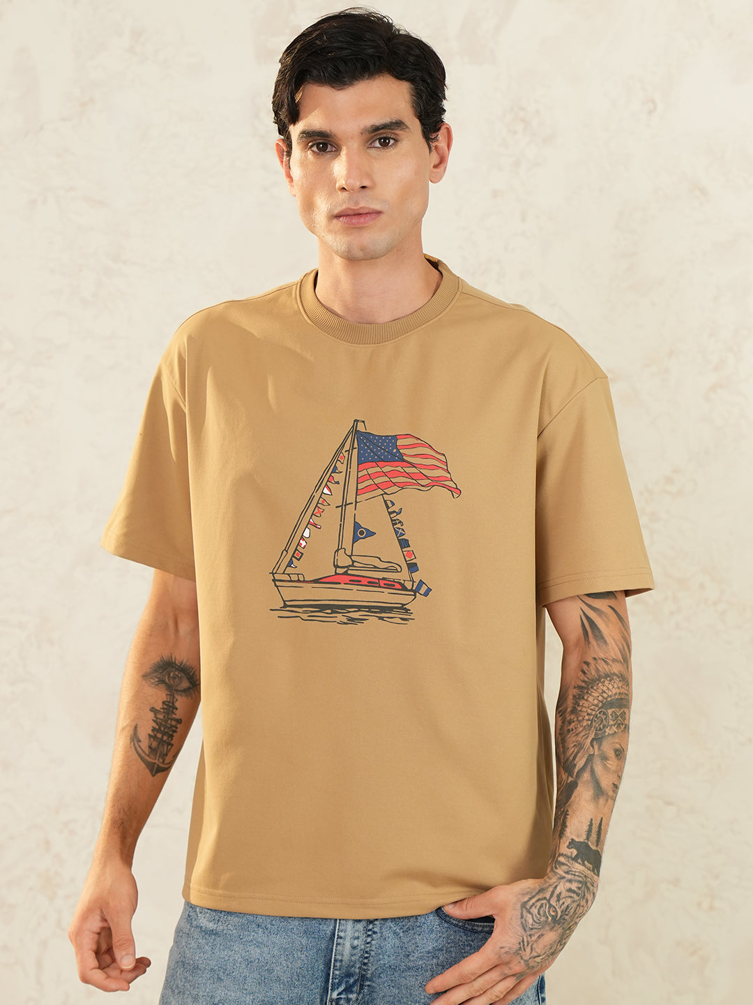 Men Oversized Printed Round Neck Drop Shoulder T-shirt Light Brown - Reprise