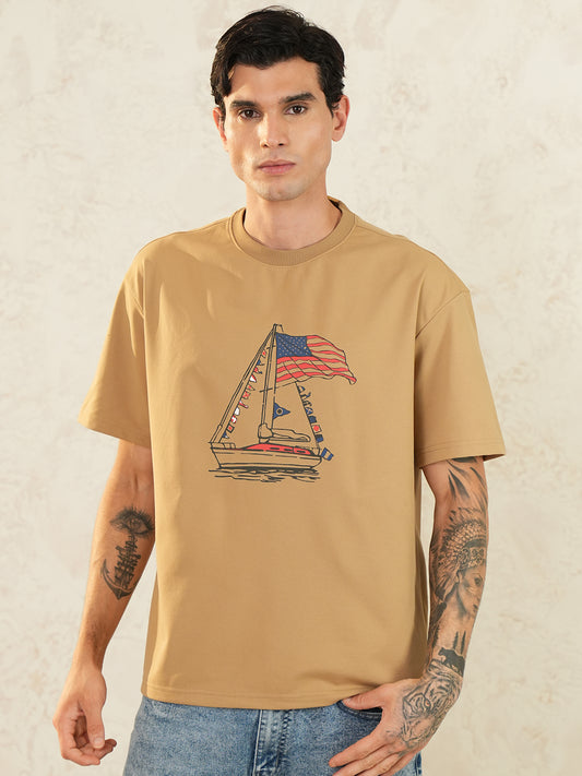 Men Oversized Printed Round Neck Drop Shoulder T-shirt Light Brown - Reprise