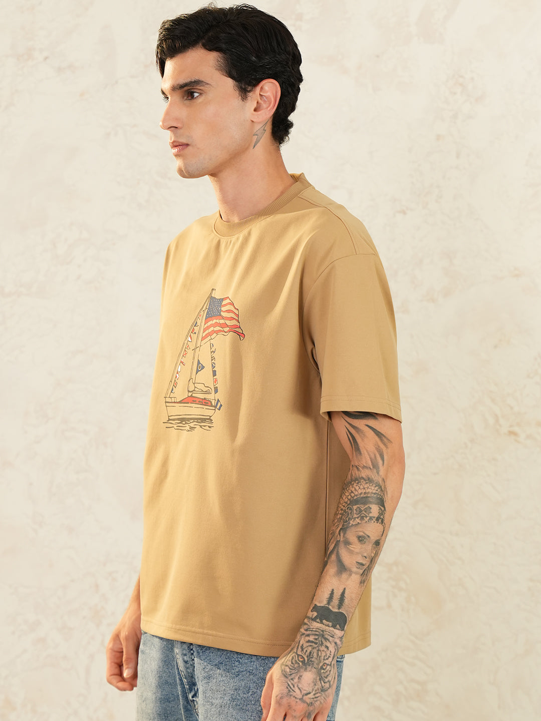 Men Oversized Printed Round Neck Drop Shoulder T-shirt Light Brown - Reprise