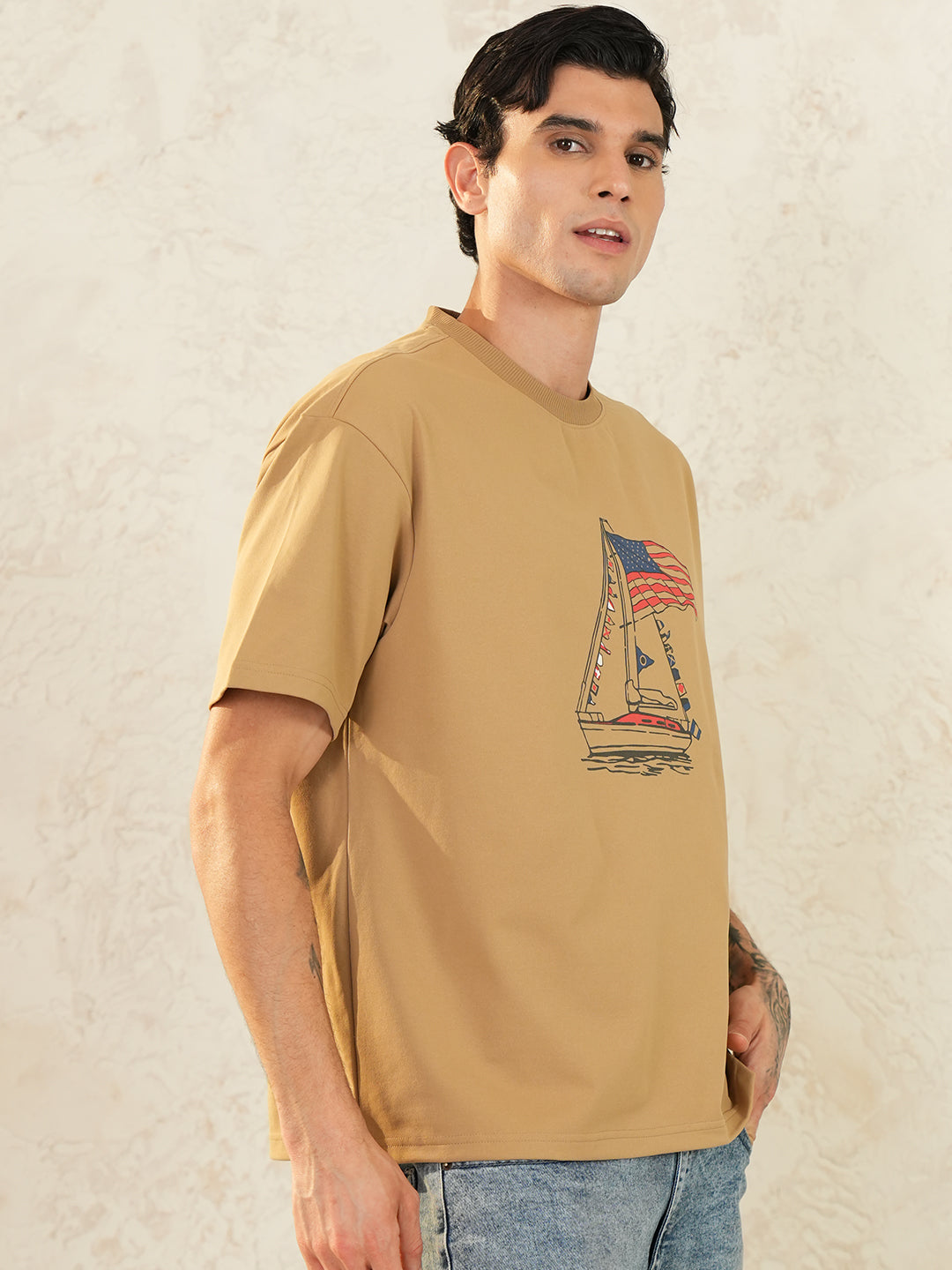 Men Oversized Printed Round Neck Drop Shoulder T-shirt Light Brown - Reprise