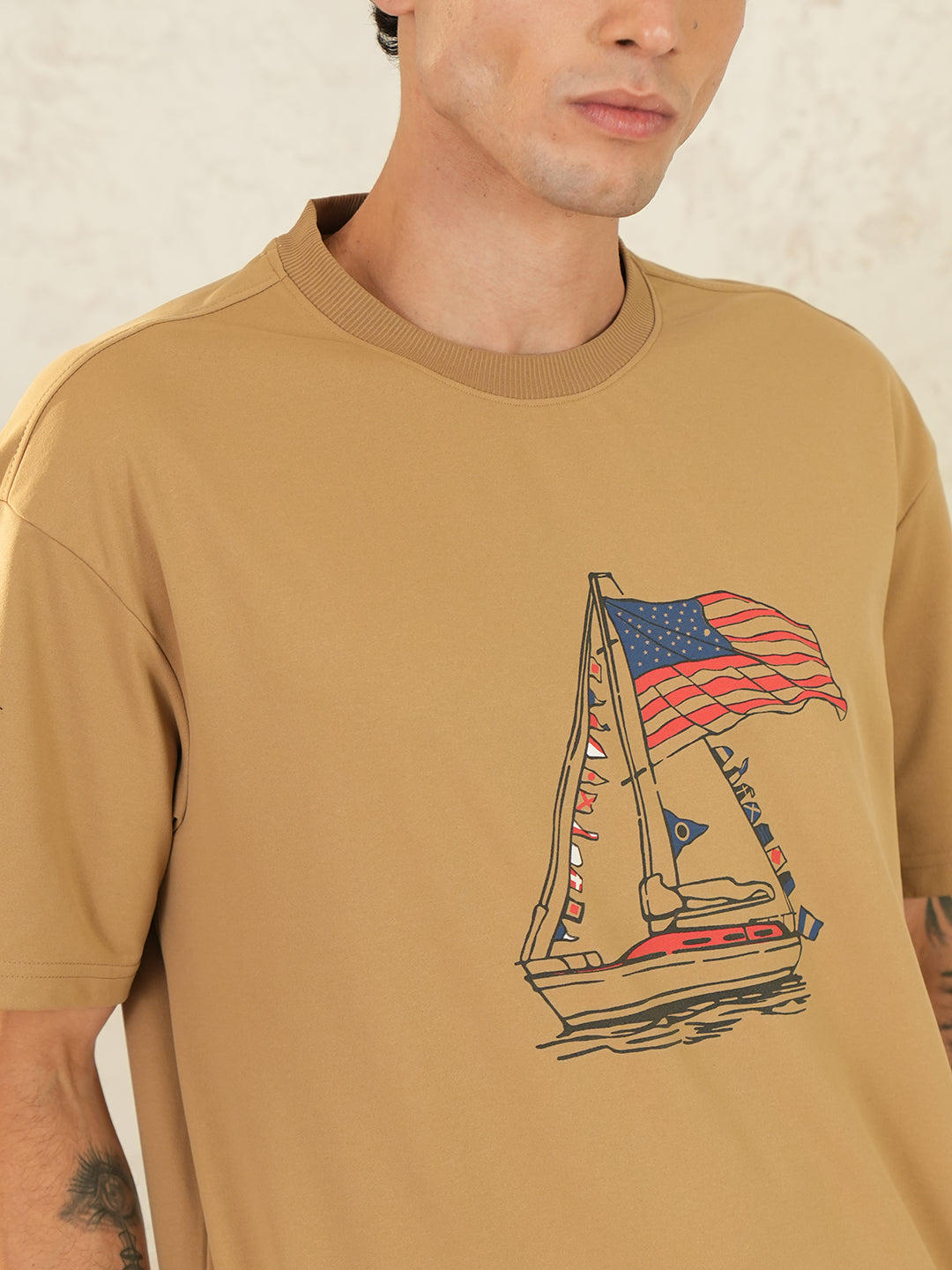 Men Oversized Printed Round Neck Drop Shoulder T-shirt Light Brown - Reprise