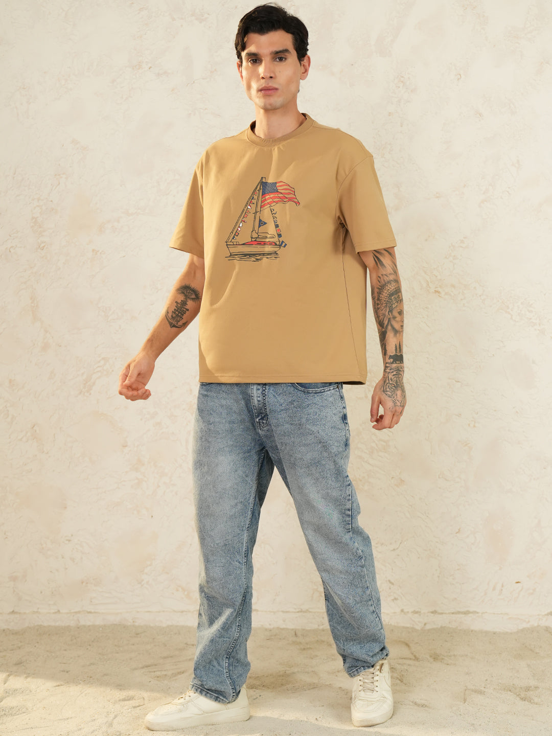Men Oversized Printed Round Neck Drop Shoulder T-shirt Light Brown - Reprise