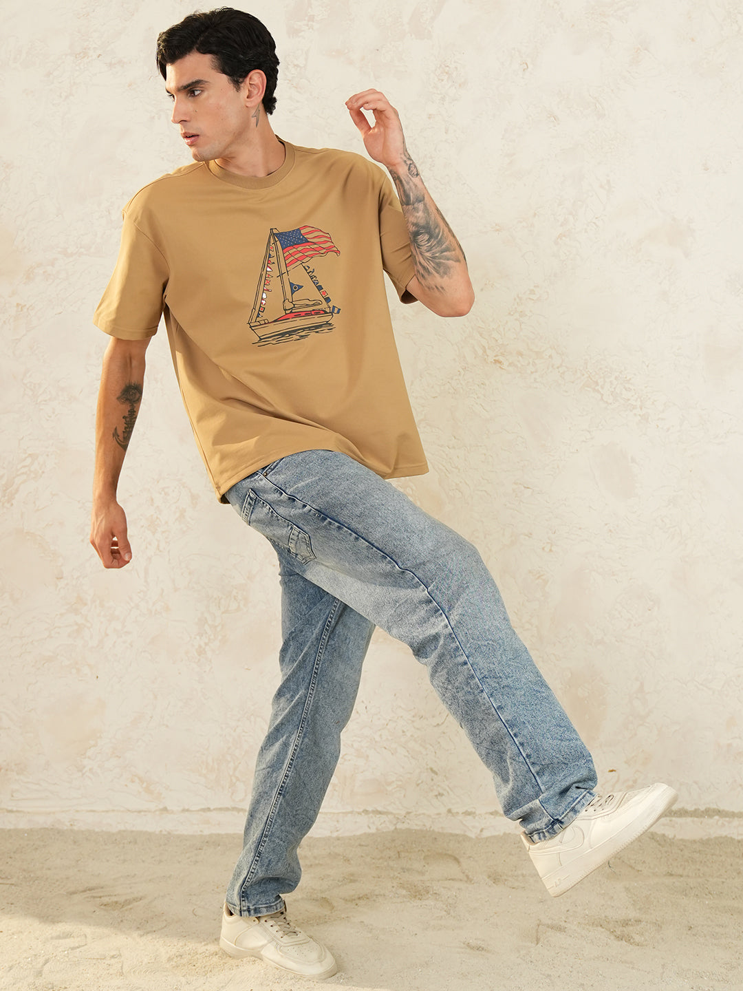 Men Oversized Printed Round Neck Drop Shoulder T-shirt Light Brown - Reprise