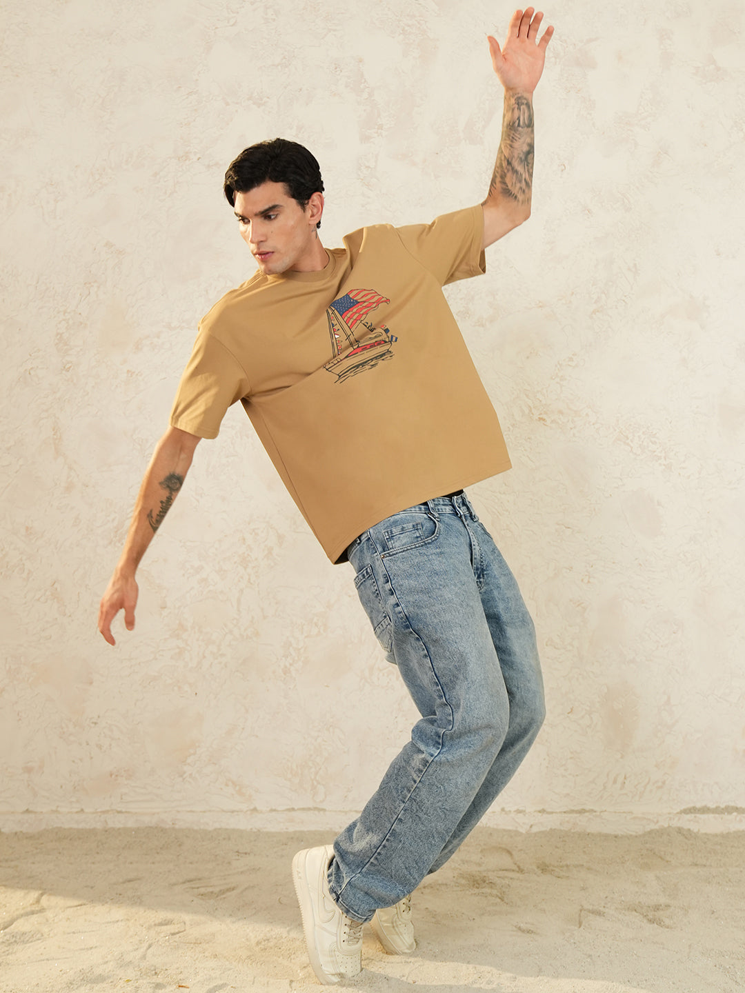 Men Oversized Printed Round Neck Drop Shoulder T-shirt Light Brown - Reprise