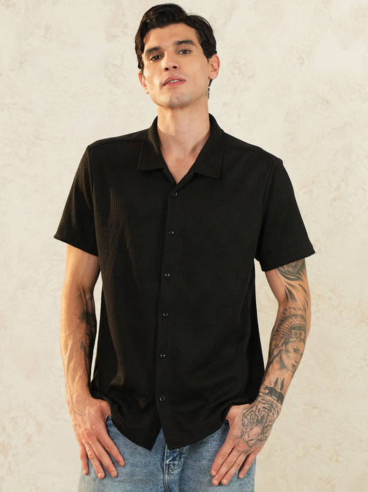 Men Regular Fit Spread Collar Textured Shirt Black - Reprise