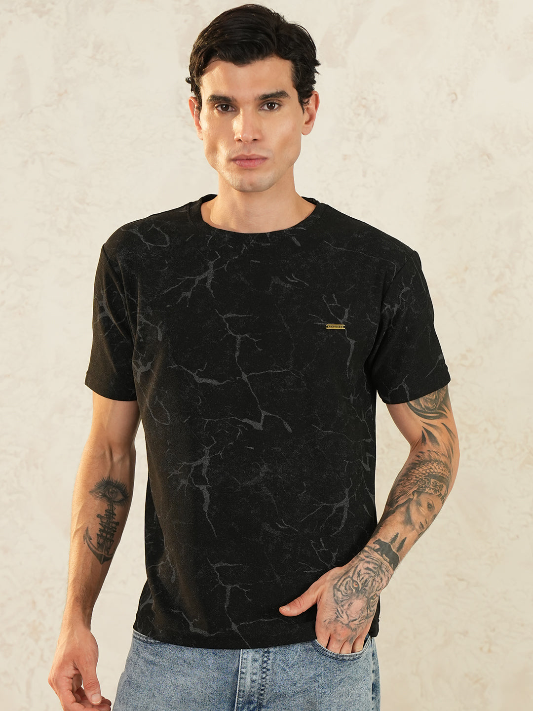 Men Printed Round Neck T-shirt Black - Reprise