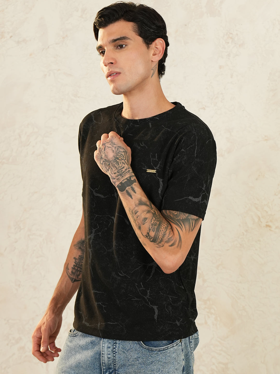 Men Printed Round Neck T-shirt Black - Reprise