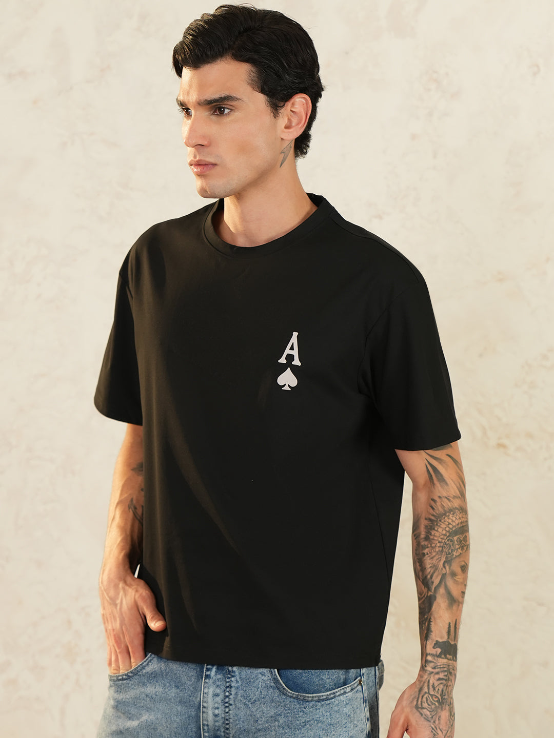 Men Oversized Printed Round Neck Drop Shoulder T-shirt Black - Reprise