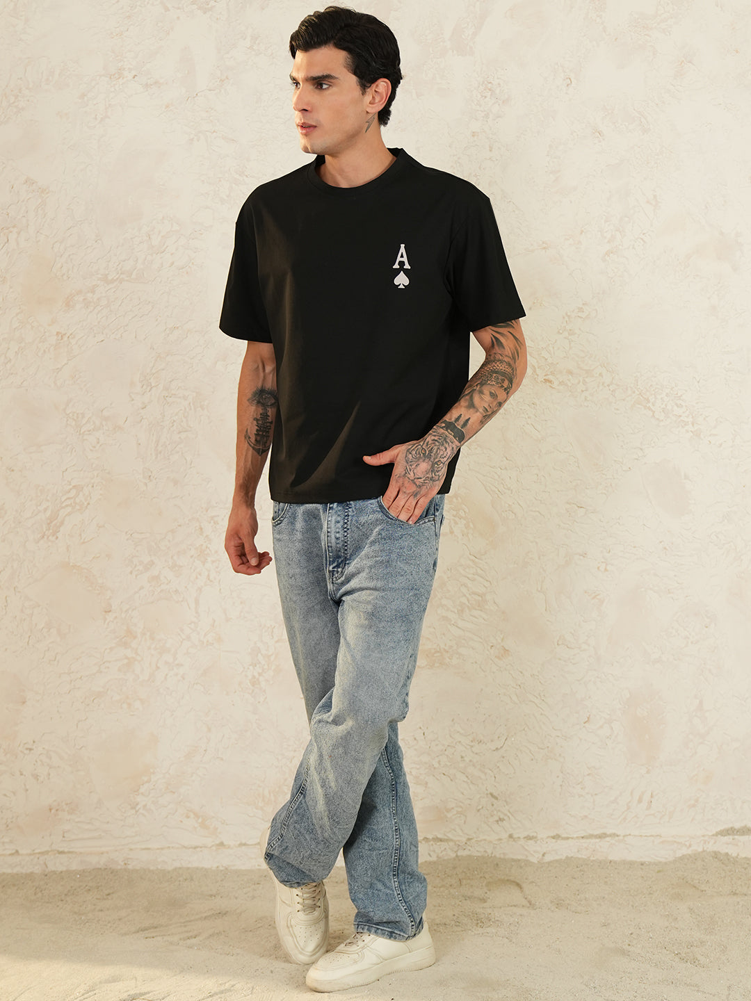 Men Oversized Printed Round Neck Drop Shoulder T-shirt Black - Reprise