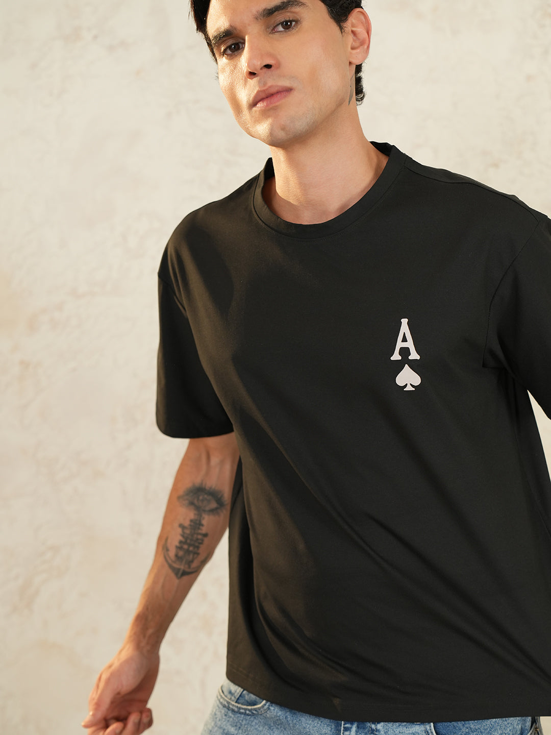 Men Oversized Printed Round Neck Drop Shoulder T-shirt Black - Reprise