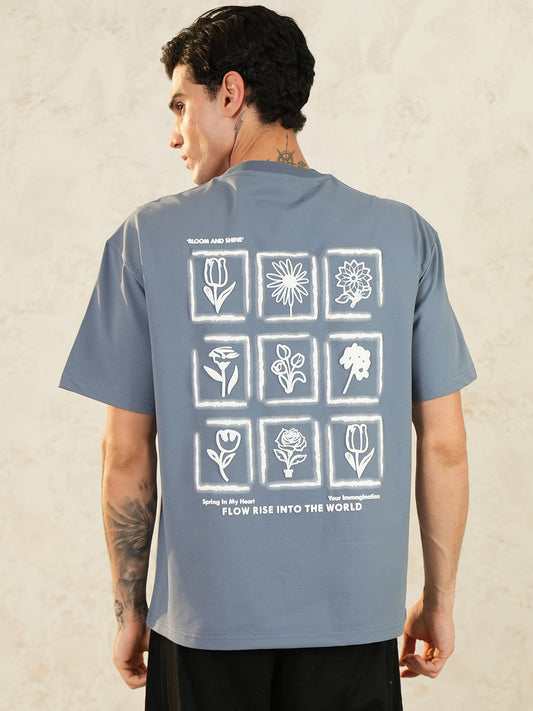 Men Oversized Printed Round Neck Drop Shoulder T-shirt Light Grey - Reprise