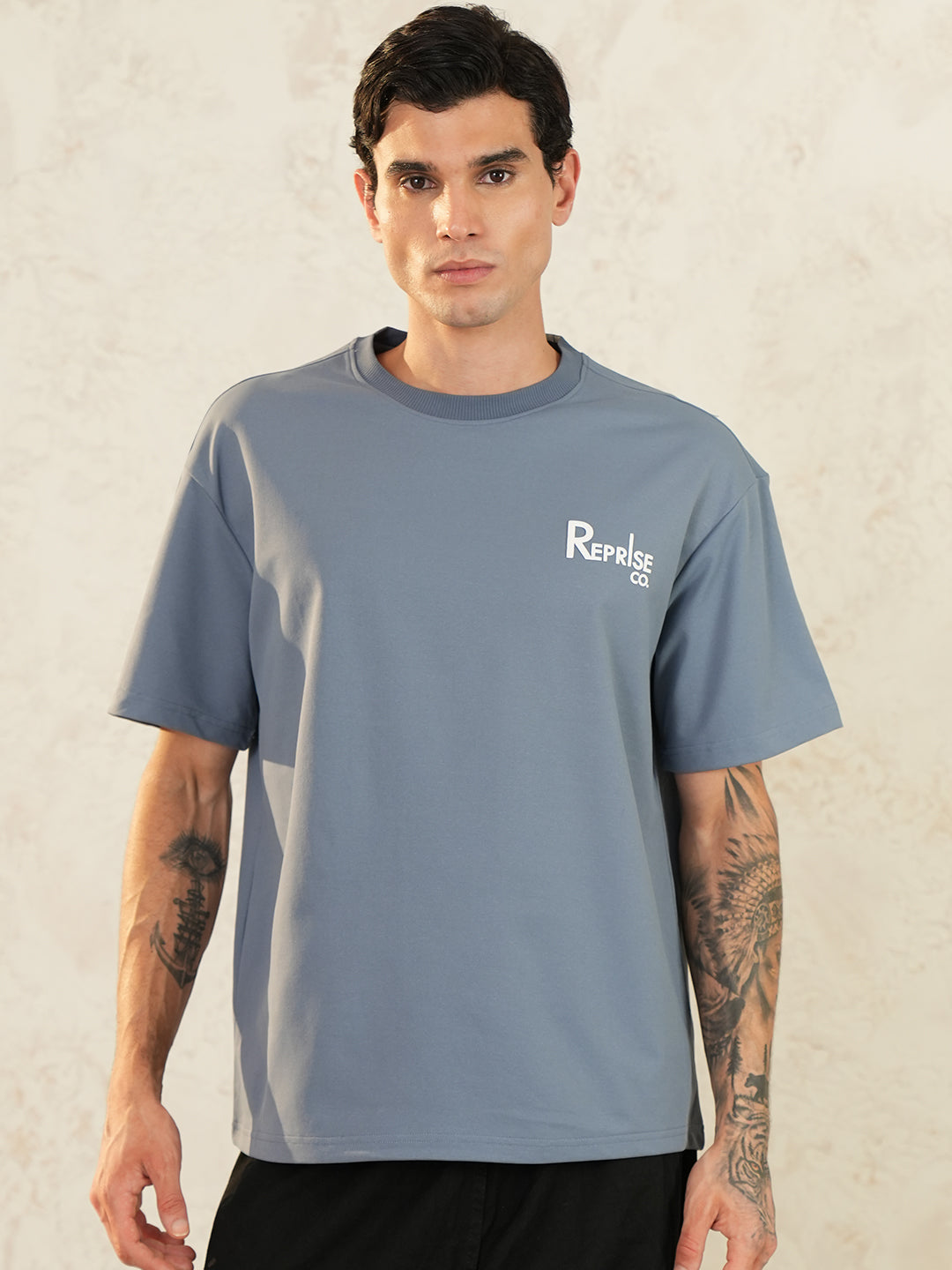 Men Oversized Printed Round Neck Drop Shoulder T-shirt Light Grey - Reprise
