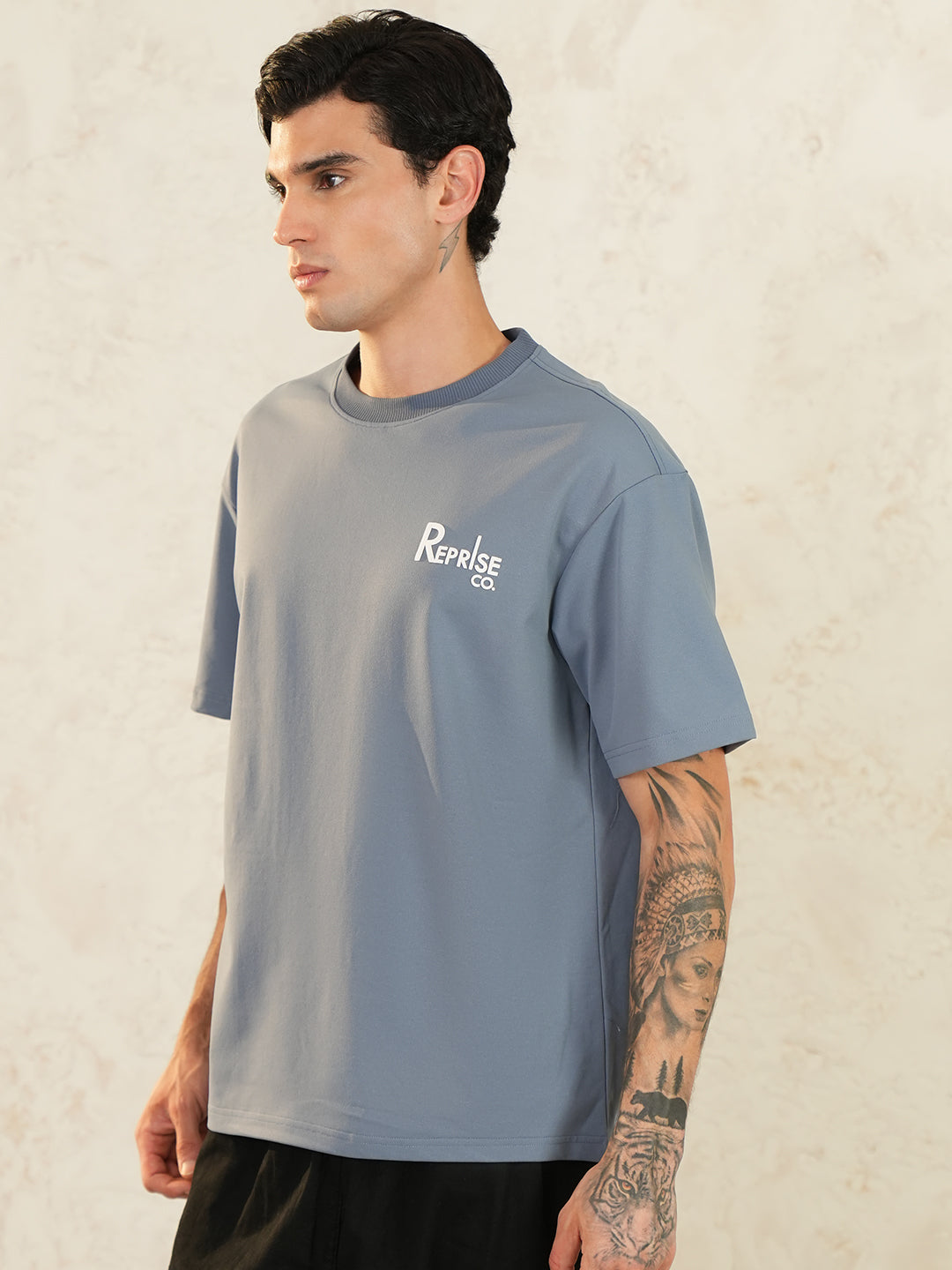 Men Oversized Printed Round Neck Drop Shoulder T-shirt Light Grey - Reprise