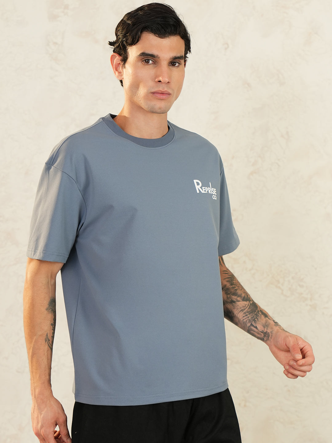 Men Oversized Printed Round Neck Drop Shoulder T-shirt Light Grey - Reprise