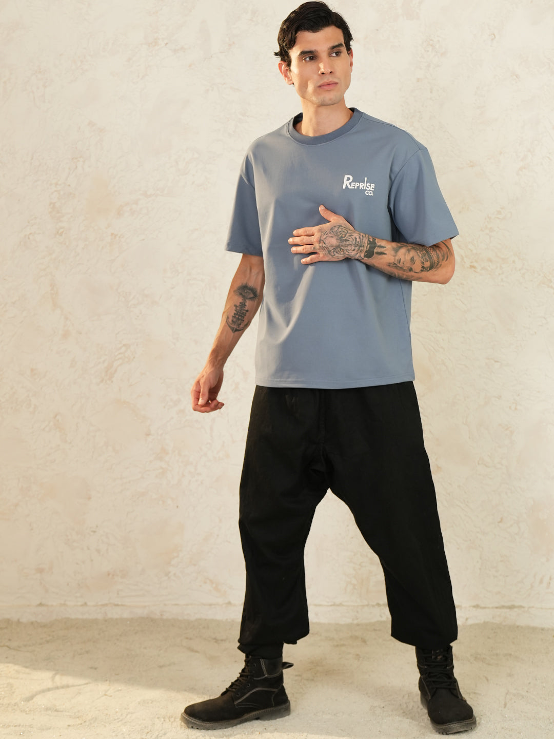 Men Oversized Printed Round Neck Drop Shoulder T-shirt Light Grey - Reprise