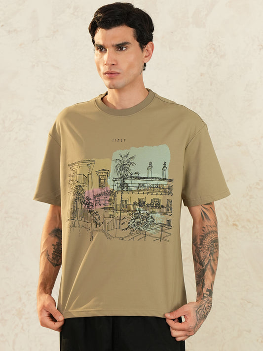 Men Oversized Printed Round Neck Drop Shoulder T-shirt Beige - Reprise