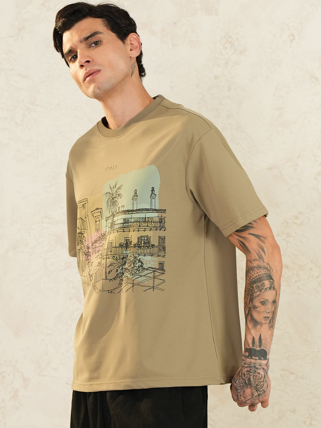 Men Oversized Printed Round Neck Drop Shoulder T-shirt Beige - Reprise
