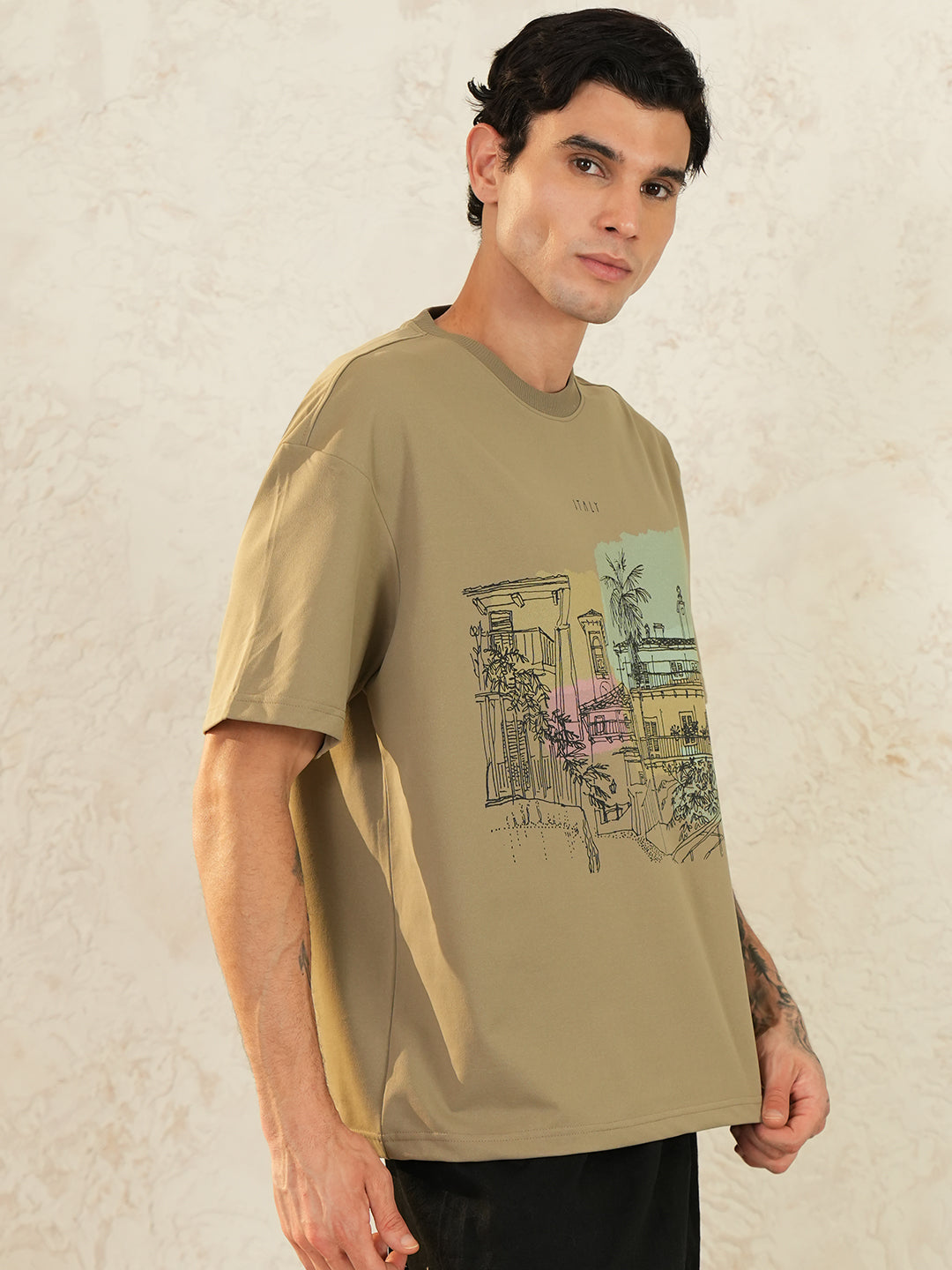 Men Oversized Printed Round Neck Drop Shoulder T-shirt Beige - Reprise