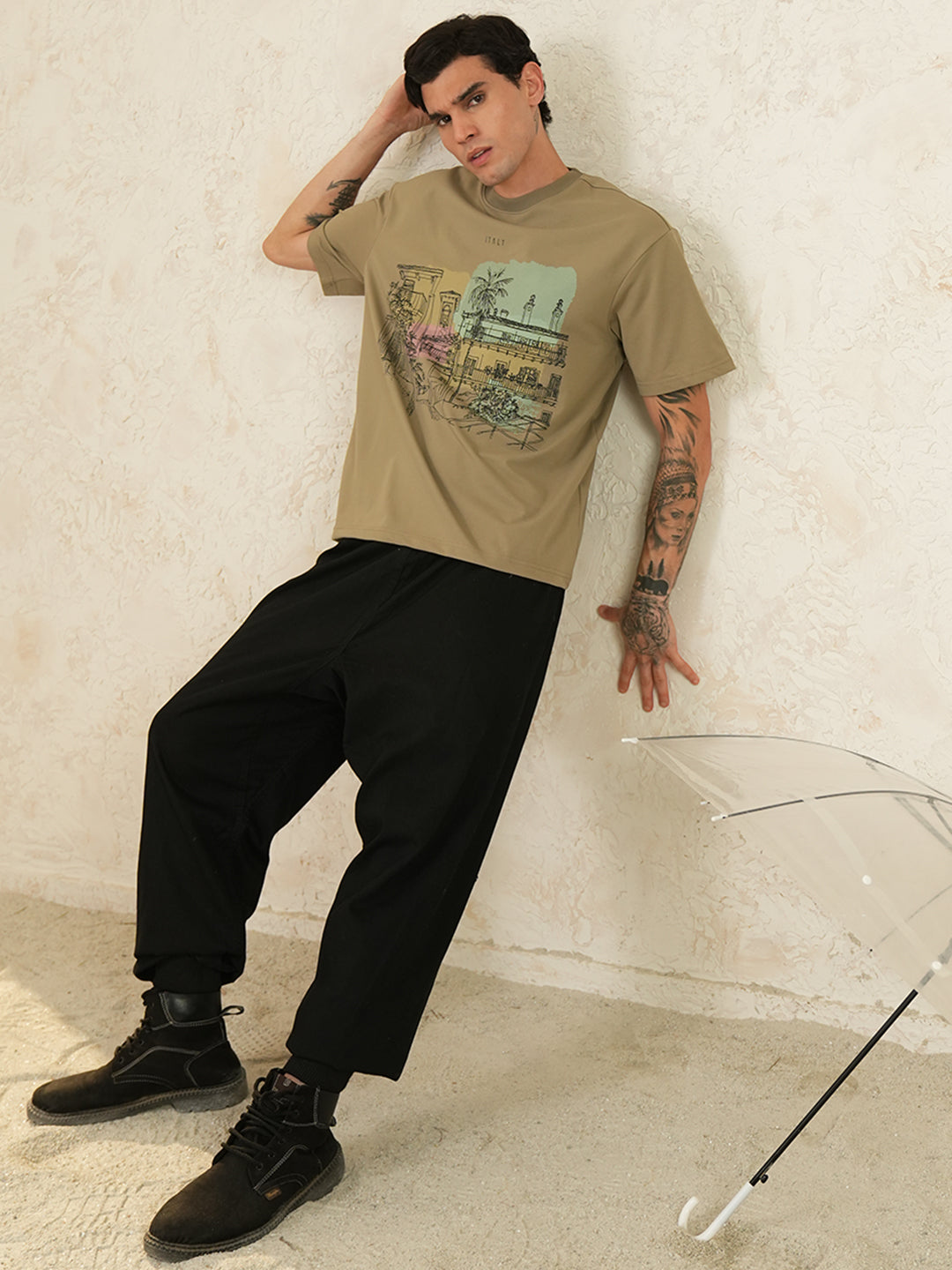 Men Oversized Printed Round Neck Drop Shoulder T-shirt Beige - Reprise