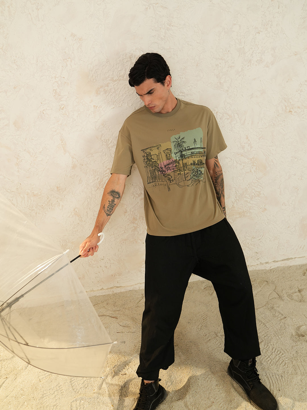 Men Oversized Printed Round Neck Drop Shoulder T-shirt Beige - Reprise
