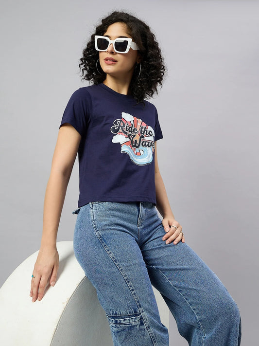 Women Printed Regular Fit T-shirt Navy