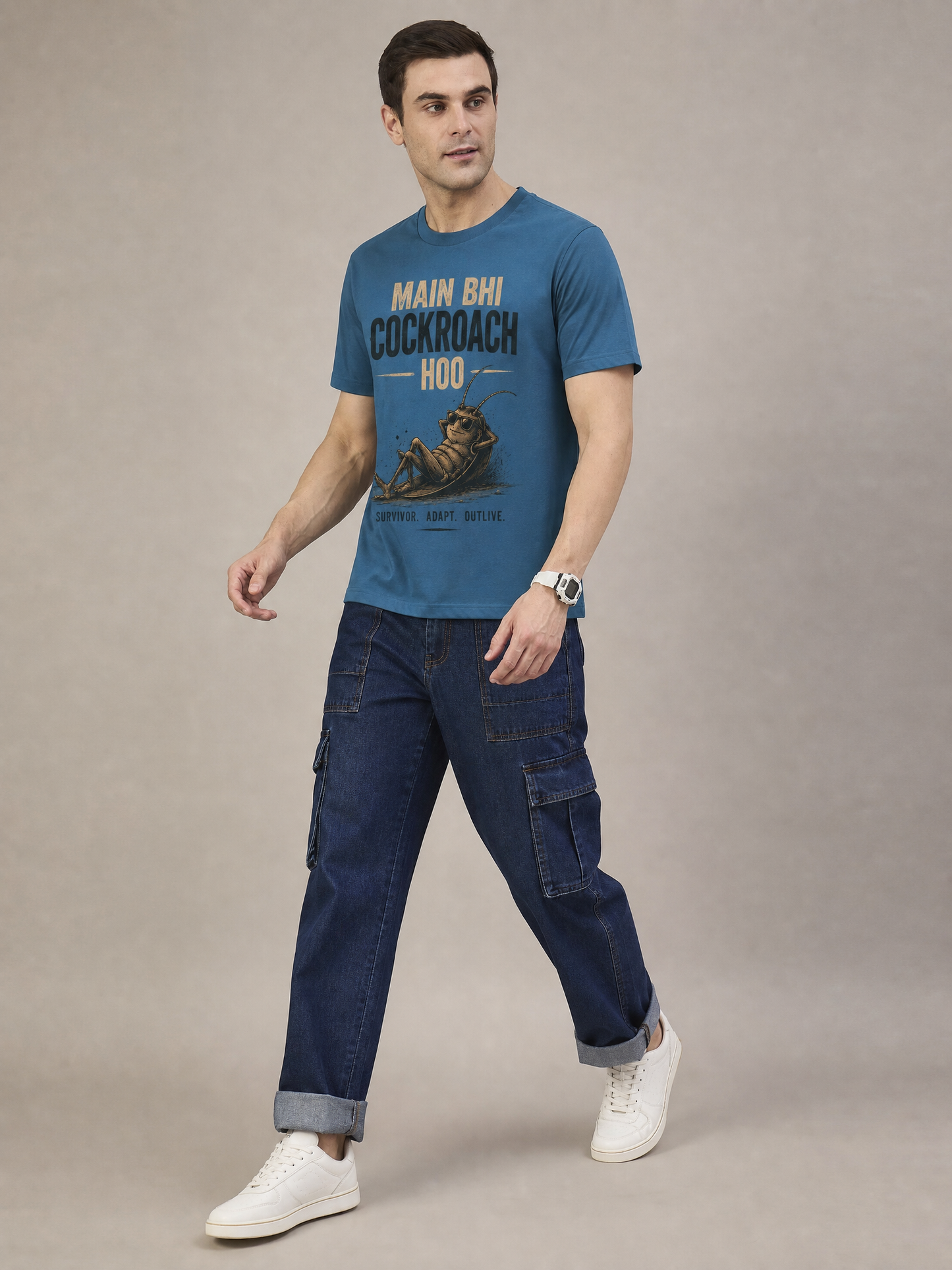 Cockroach Men Oversize Printed Round Neck T-shirt Blue