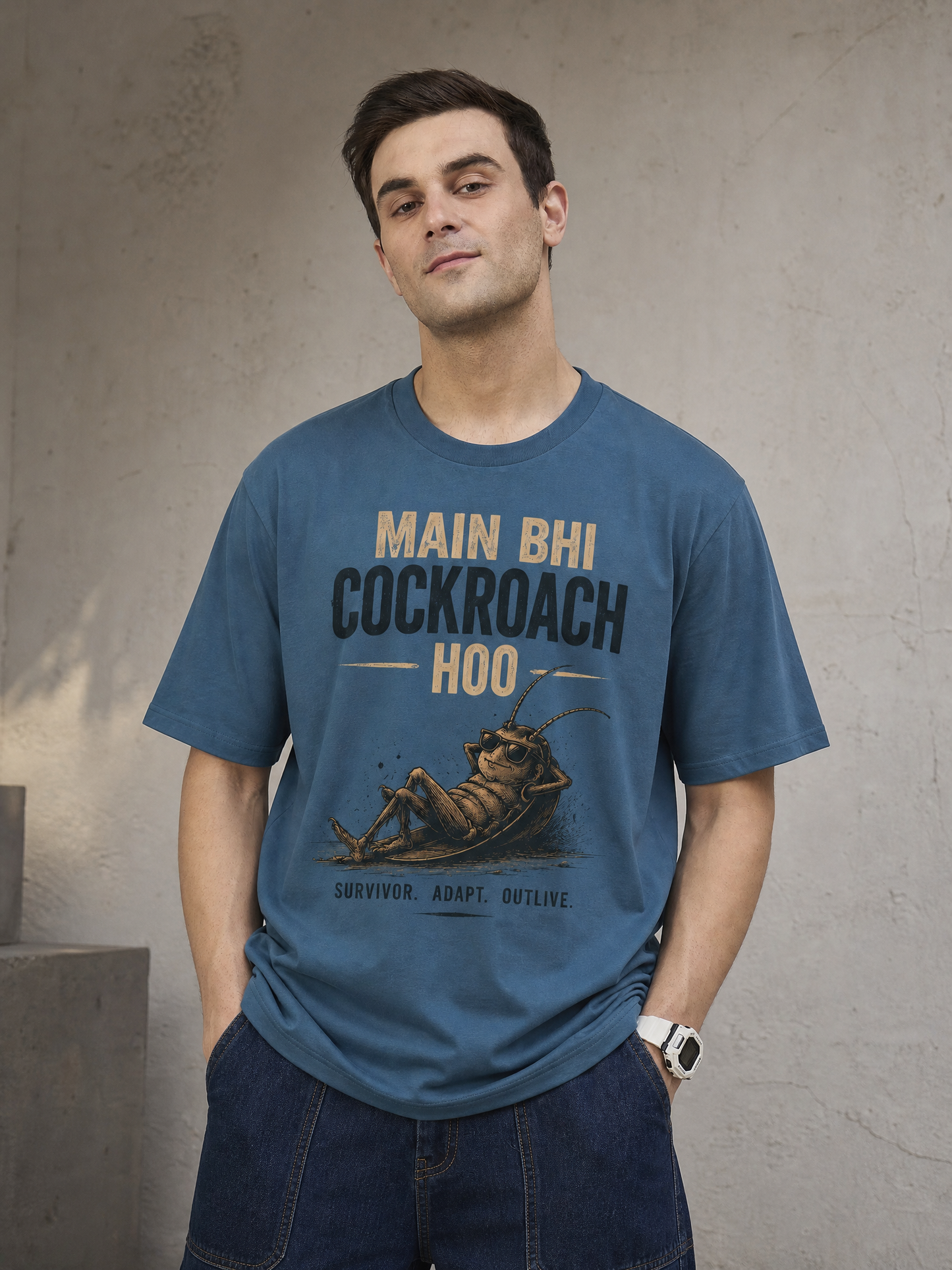 Cockroach Men Oversize Printed Round Neck T-shirt Blue