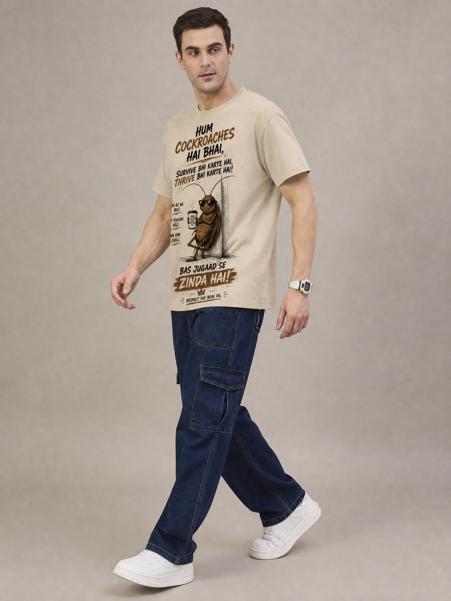 Cockroach Men Oversize Printed Round Neck T-shirt Beige