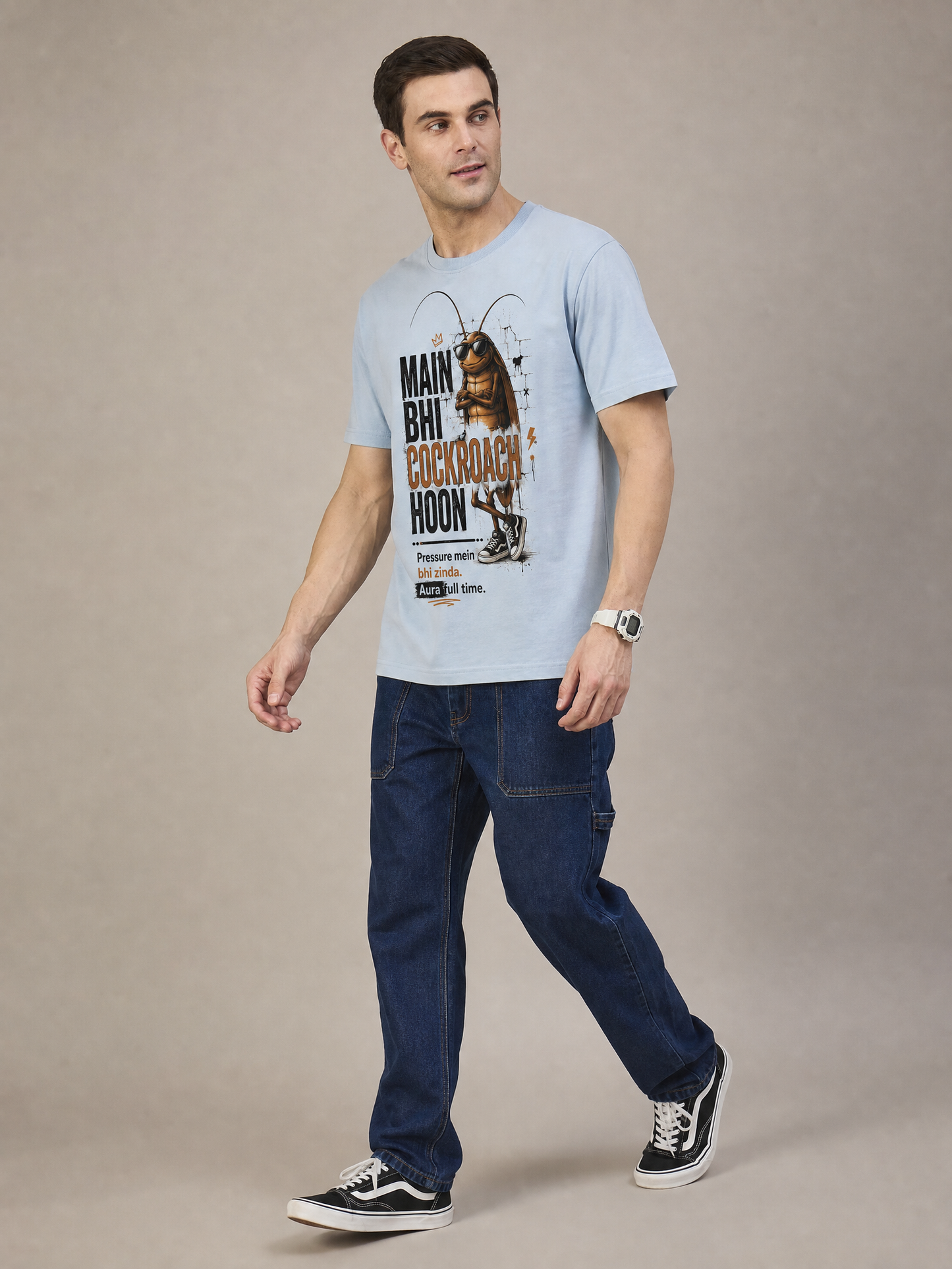 Cockroach Men Oversize Printed Round Neck T-shirt Beige Light Blue