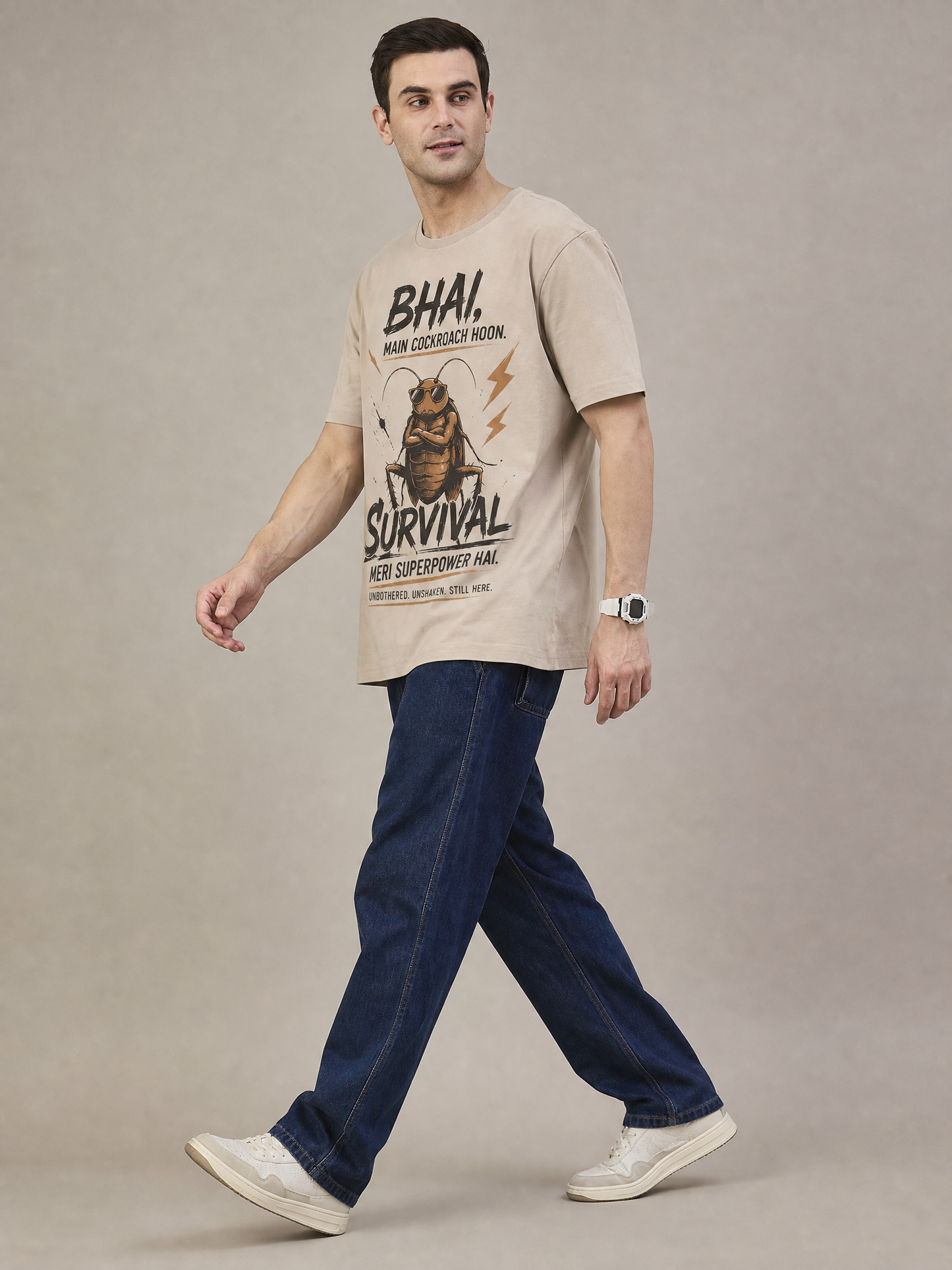 Cockroach Men Oversize Printed Round Neck T-shirt Beige