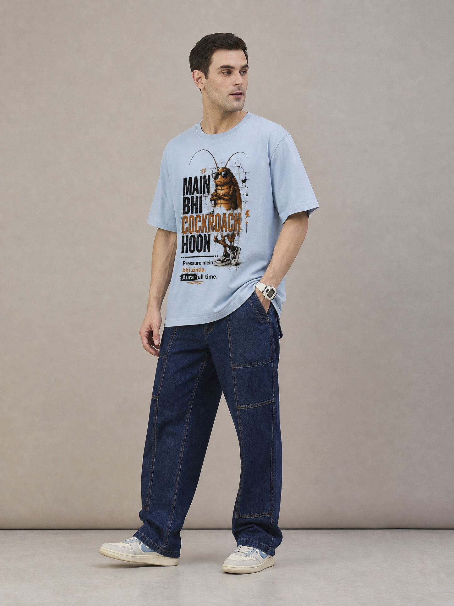 Cockroach Men Oversize Printed Round Neck T-shirt Beige Light Blue