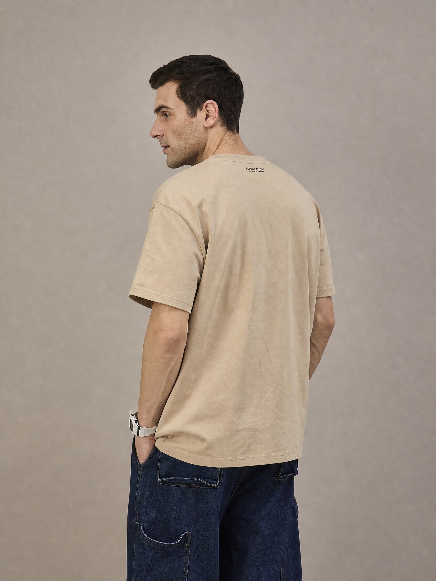 Cockroach Men Oversize Printed Round Neck T-shirt Beige