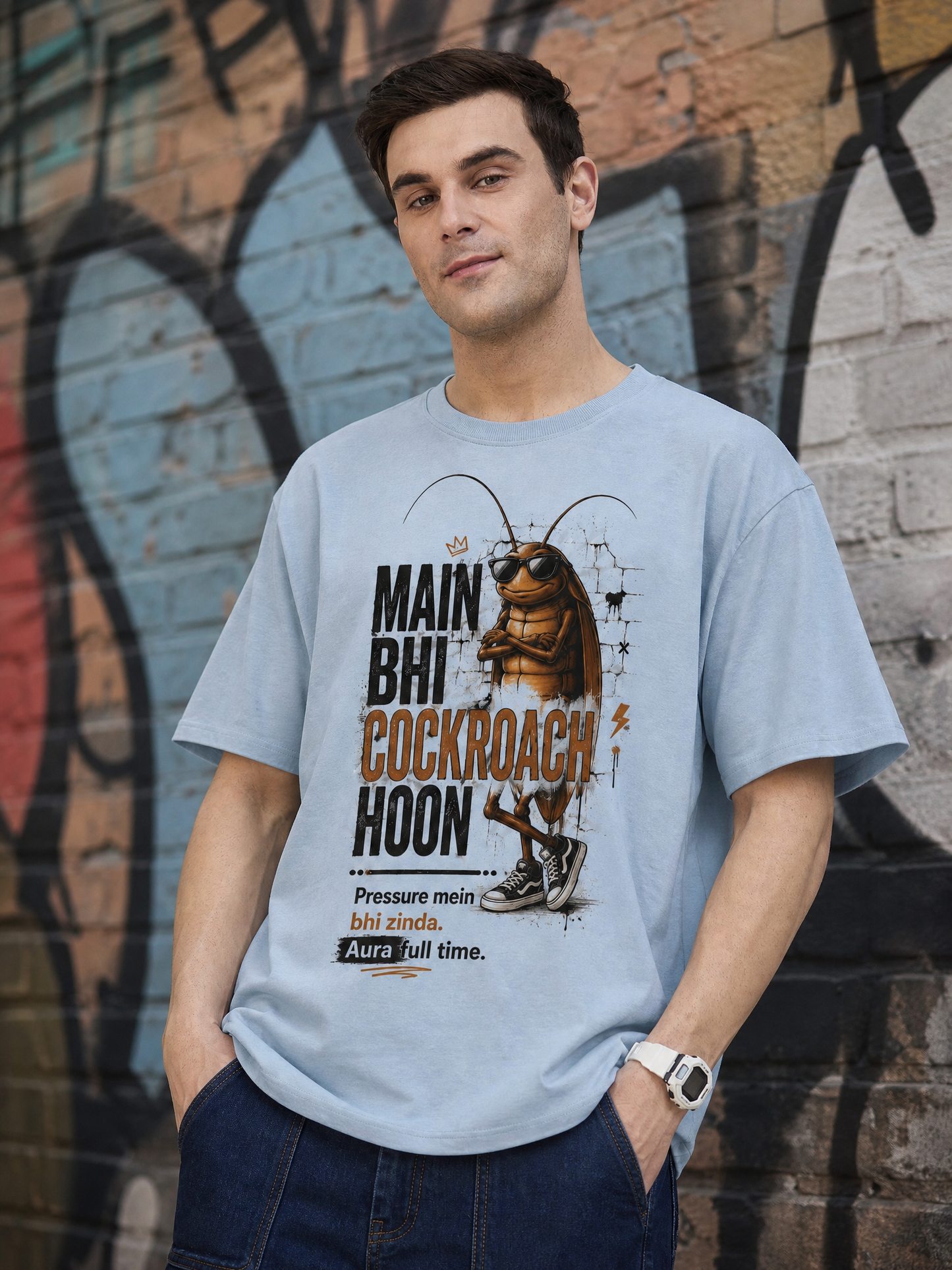 Cockroach Men Oversize Printed Round Neck T-shirt Beige Light Blue