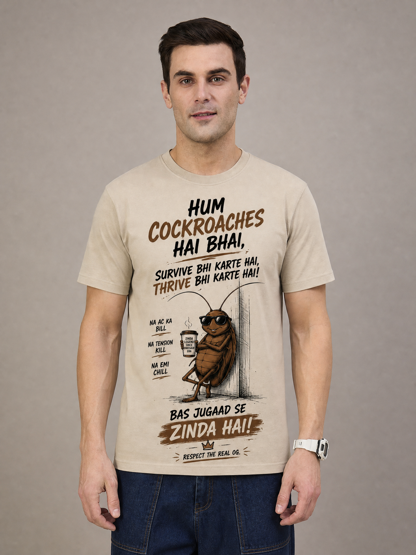 Cockroach Men Oversize Printed Round Neck T-shirt Beige