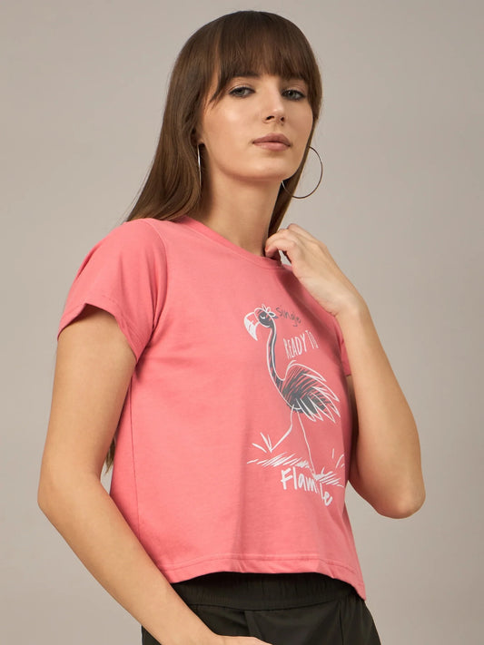 Women Printed Regular Fit T-shirt Pink