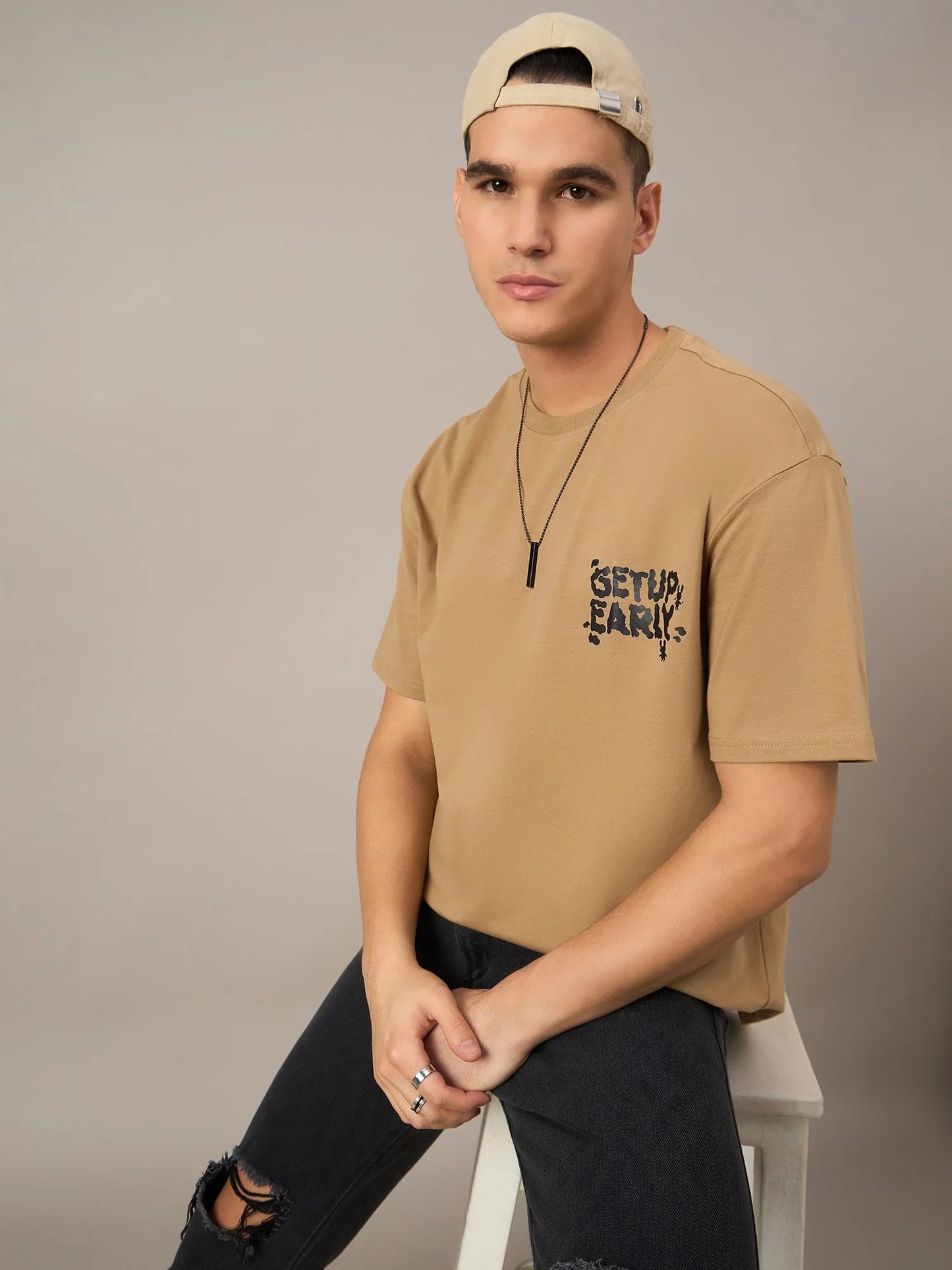 Men Printed Oversized T-shirt Beige