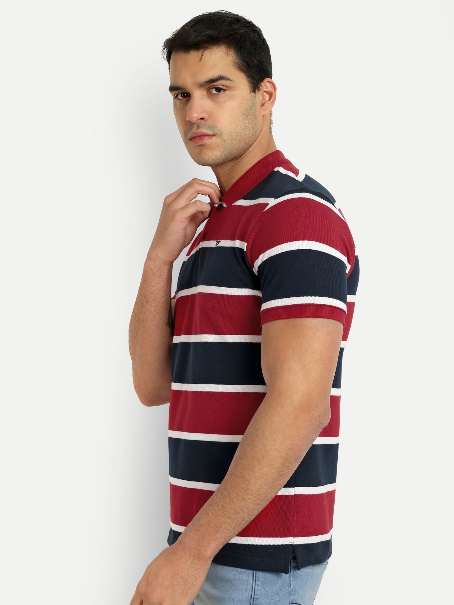 Men Striped Polo T-Shirt Maroon