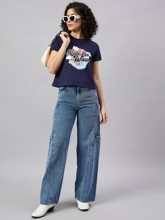 Women Printed Regular Fit T-shirt Navy