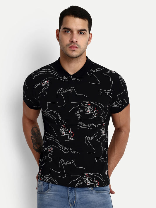Men Printed Polo T-Shirt Black