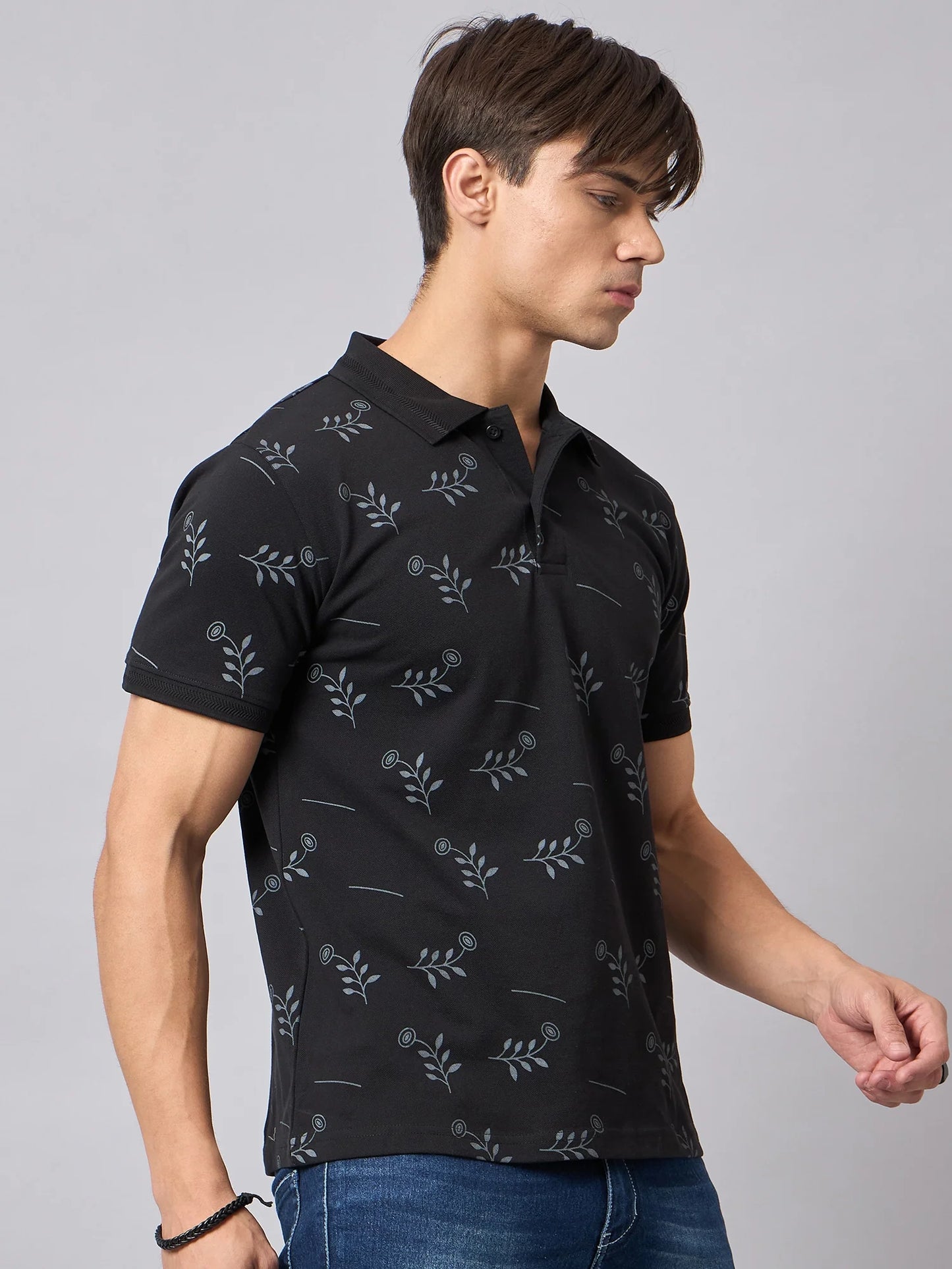 Men Printed Cotton Black Polo T-Shirts