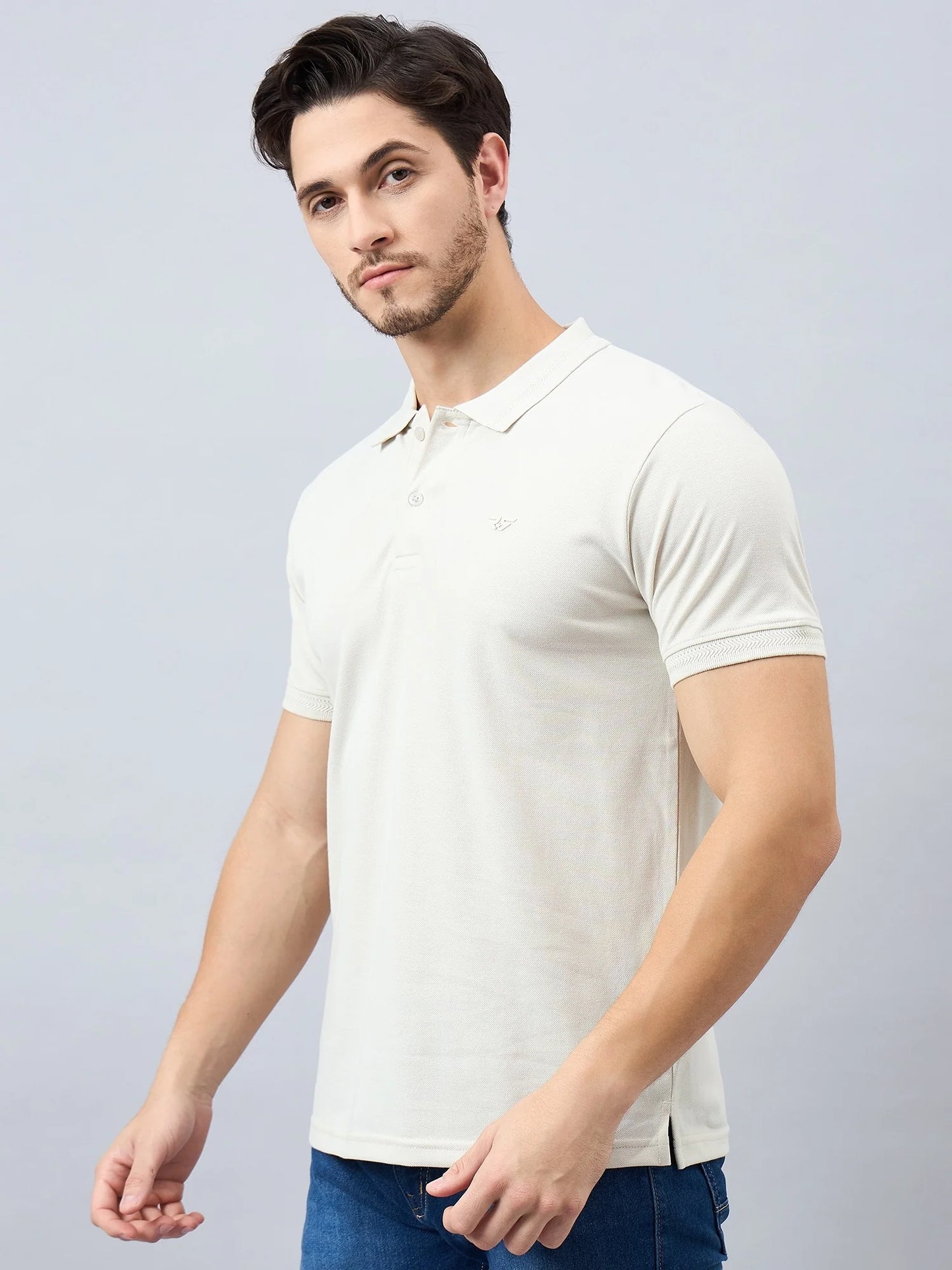 Men Solid Beige Cotton Polo T-Shirts