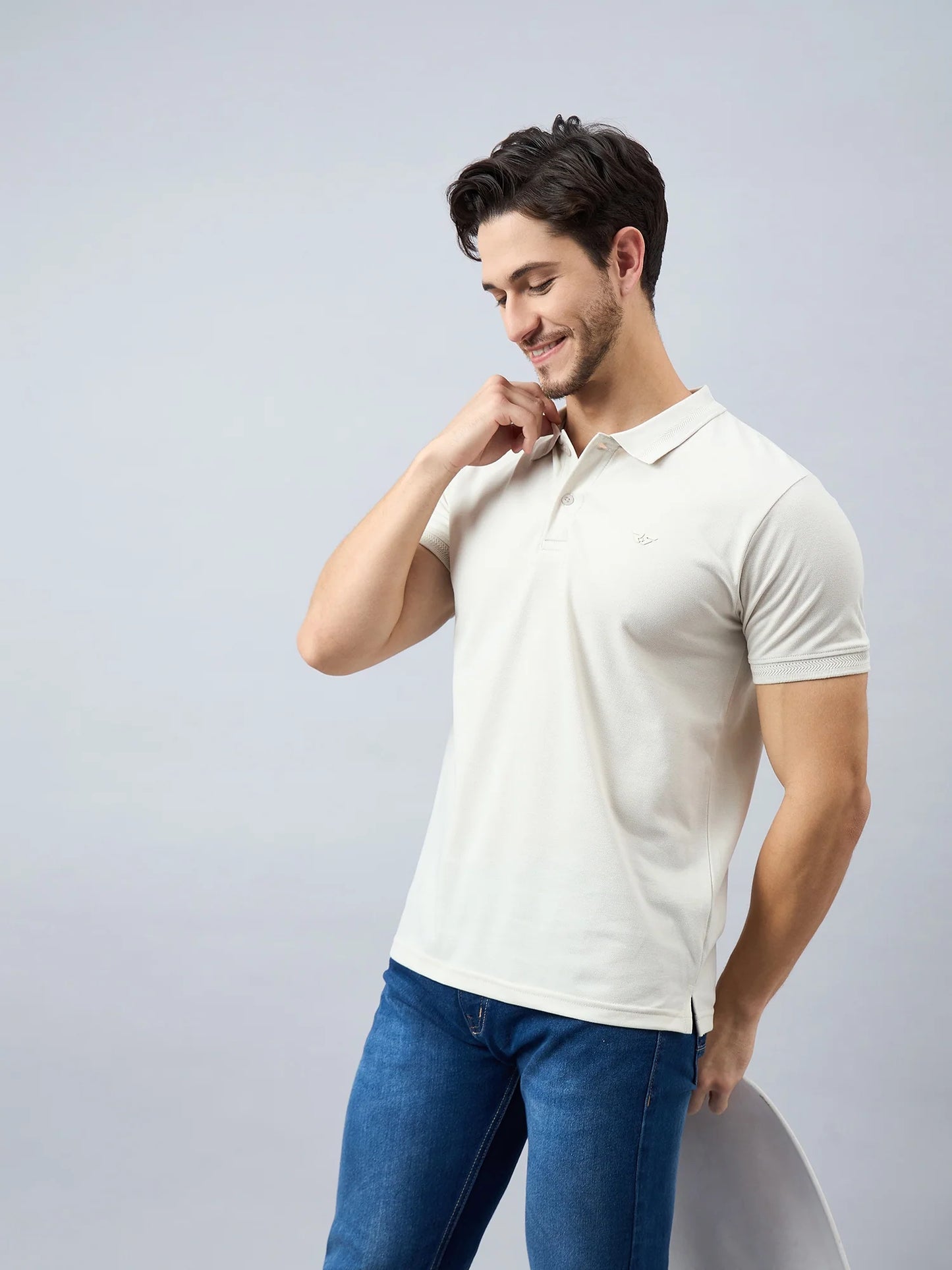 Men Solid Beige Cotton Polo T-Shirts