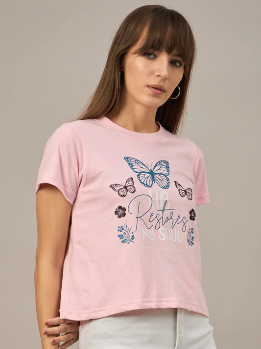 Women Printed Regular Fit T-shirt Pink