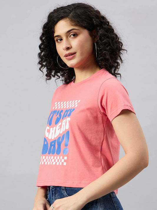 Women Printed Regular Fit T-shirt Pink
