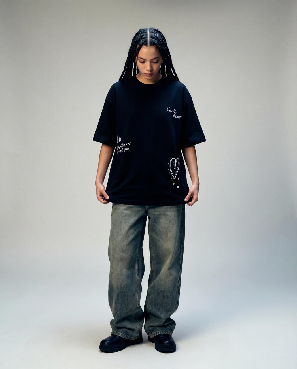 Women Oversized Round Neck Half Sleeves Tshirt Black - Reprise