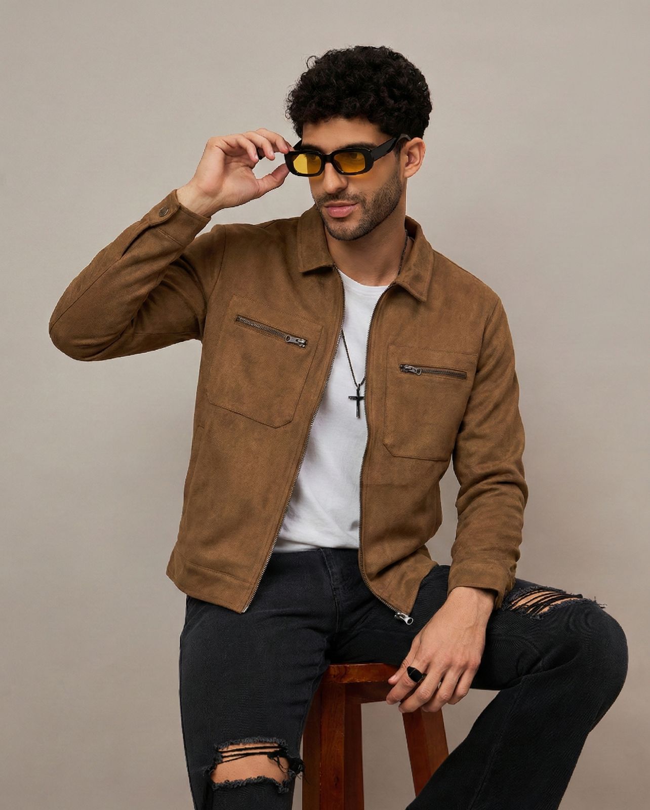 Dark Brown Suede Pocket Zipper Jacket With Stand Collar