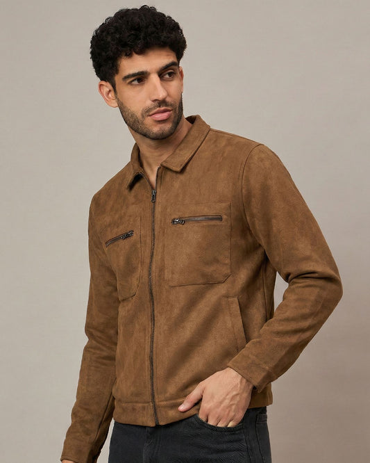 Dark Brown Suede Pocket Zipper Jacket With Stand Collar